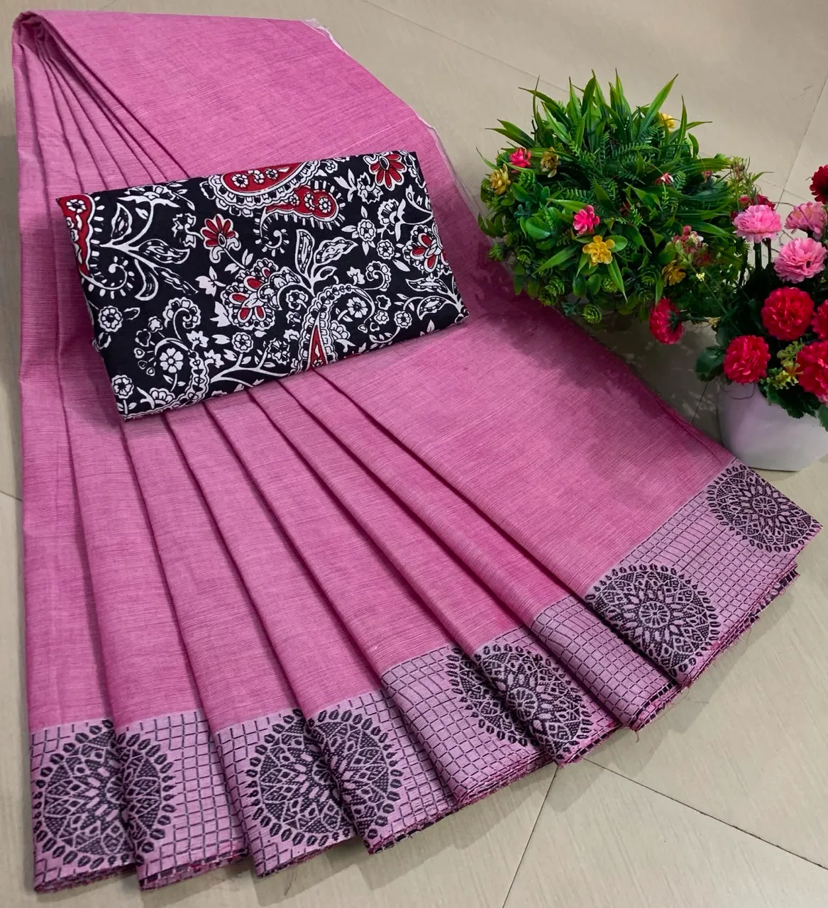 Rose Pink Chettinadu Pure Cotton Saree with Kalamkari Blouse